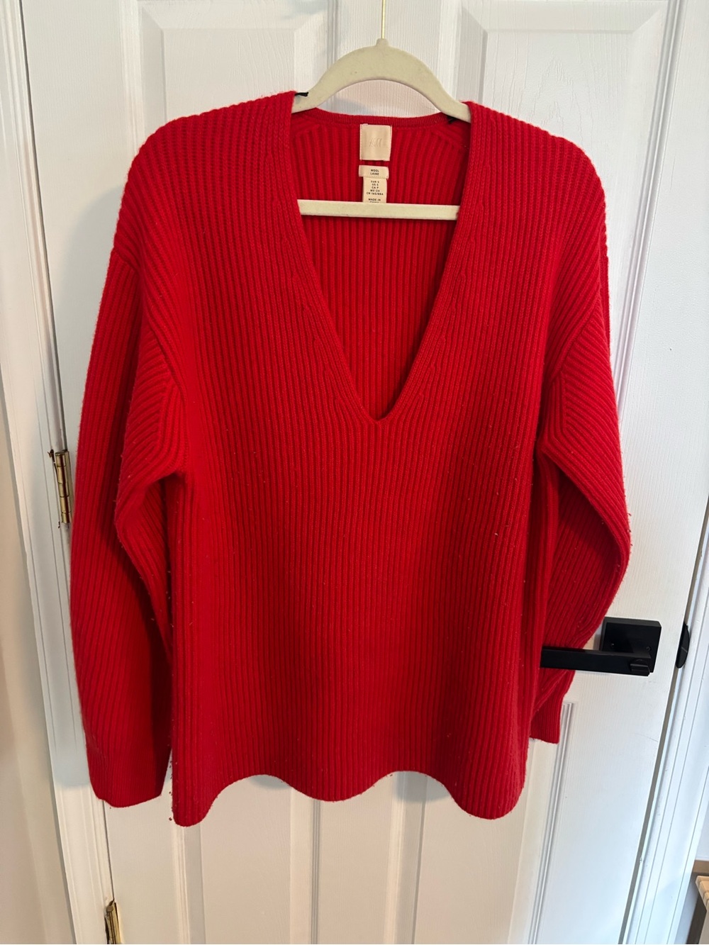 100% wool Cozy Deep V-Neck Red Ribbed Sweater - Women's